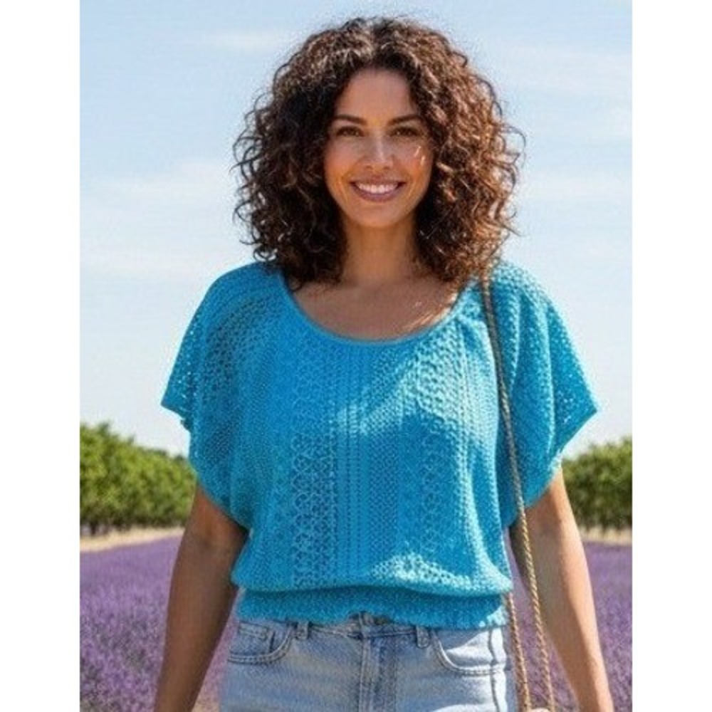 Christopher & Banks Top Women's Sz M Blue Crochet Lace Boho Flutter Sleeve Lined